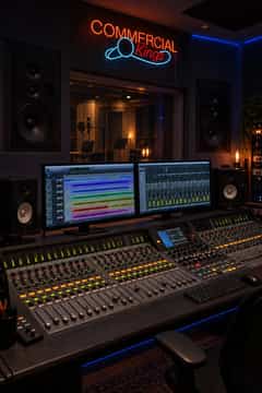 Dim recording studio with modern monitors and a Commercial Kings LED sign