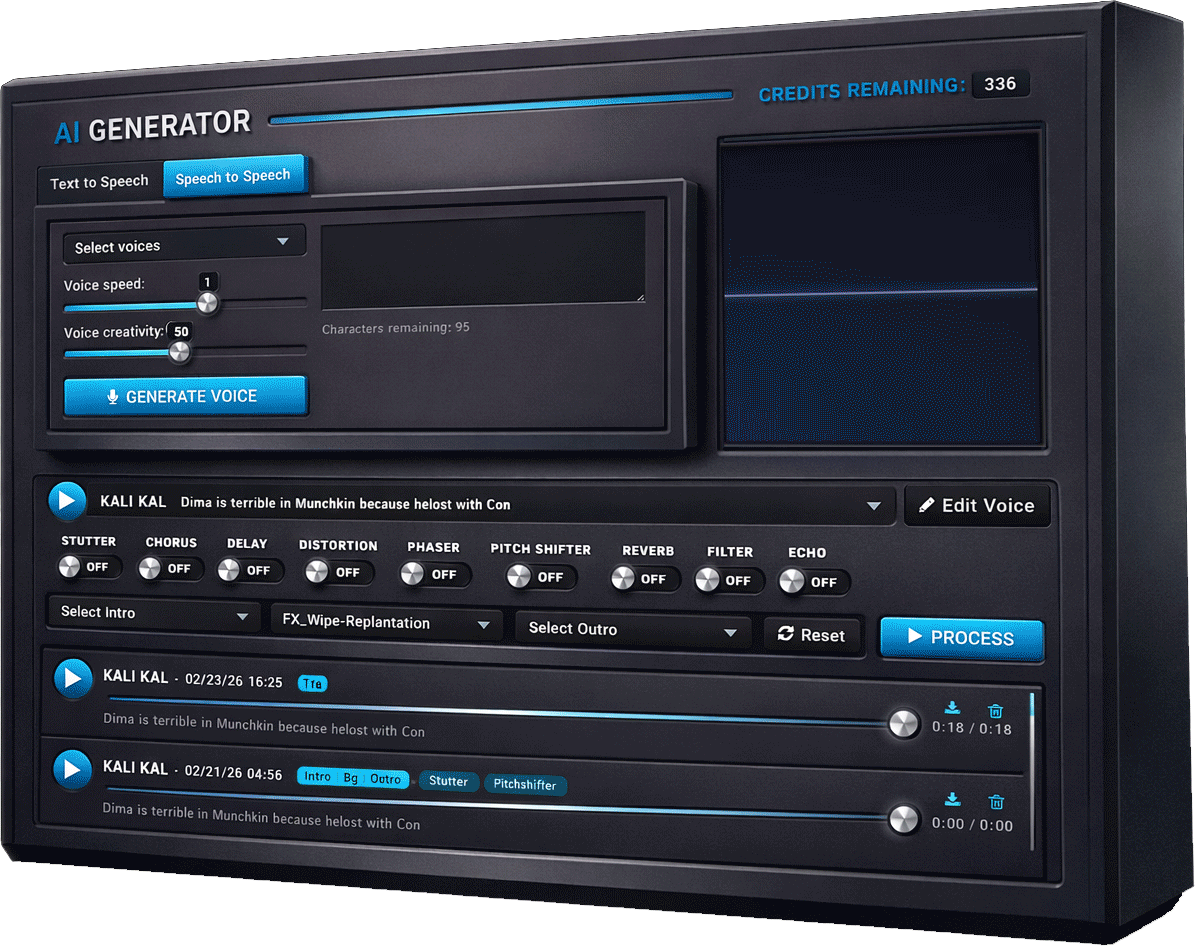 3D rendered interface of an AI generator software with speech to speech controls, text to speech options, audio effects like reverb and pitch shifter, and playback panel for voice drops.