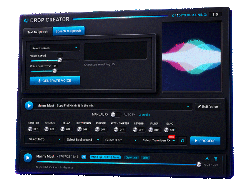 3D rendered interface of an AI generator software with speech to speech controls, text to speech options, audio effects like reverb and pitch shifter, and playback panel for voice drops.