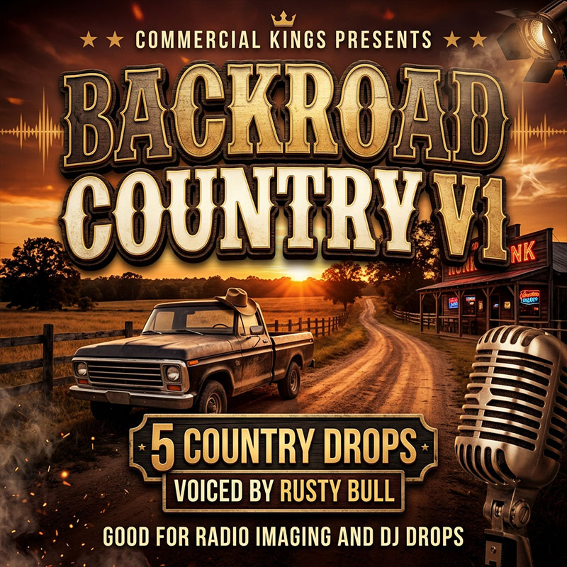 Mixtape-style product image for Backroad Country V1 featuring 5 country drops voiced by Rusty Bull, with a rustic backroad sunset scene, pickup truck, cowboy hat, vintage microphone, and bold western-style text promoting radio imaging and DJ drops.