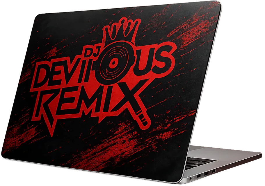 Custom laptop skins example with DJ Devious Remix artwork on a silver laptop